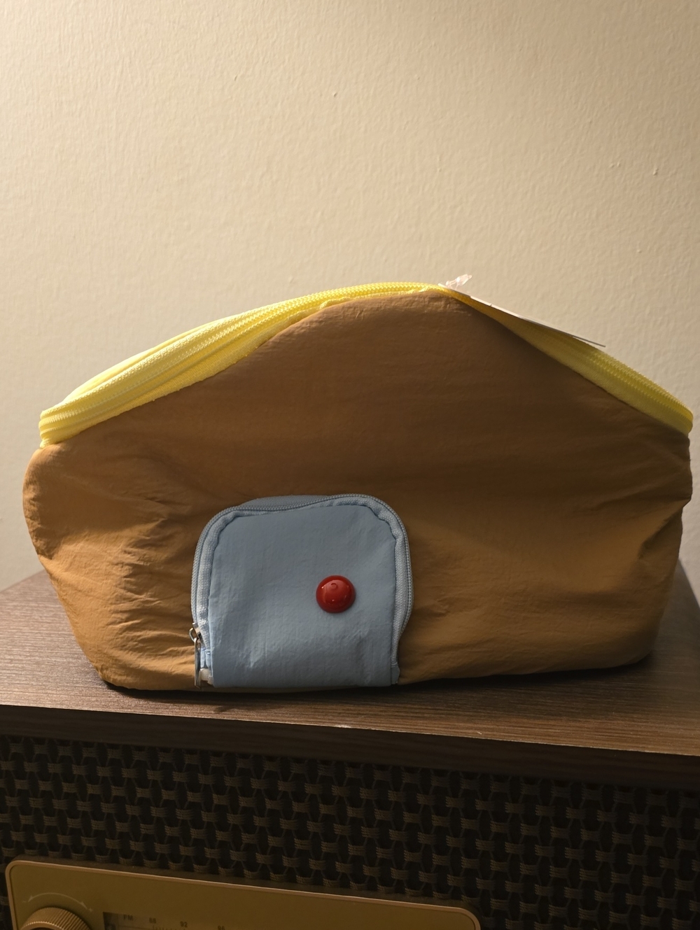 NWT Yellow Cosmetic Pouch with Light Blue Pocket and Red Button